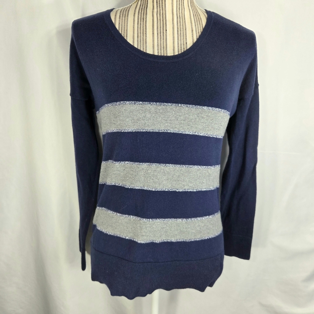 Ann Taylor Loft Blue Grey Silver Cotton Striped Long Sleeve Sweater Size Small